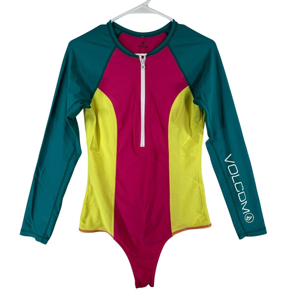 Volcom One Piece Rash Guard Women L Pink Yellow Teal Colorblock Long Sleeve Zip